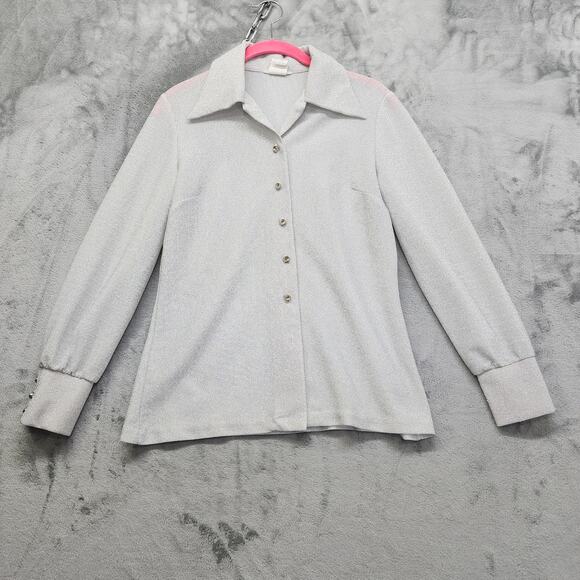 Vintage 70s Donnkenny Metallic Long Sleeve Button Up Top Size 13/14 Silver Disco - Picture 1 of 10